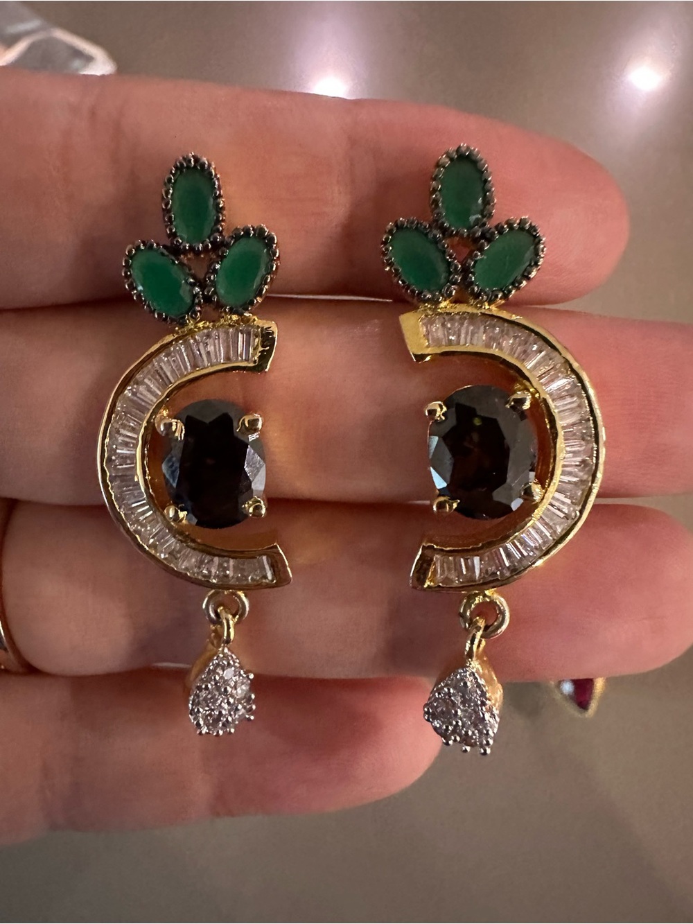 Gold-Tone Green Stone Crescent Drop Earrings